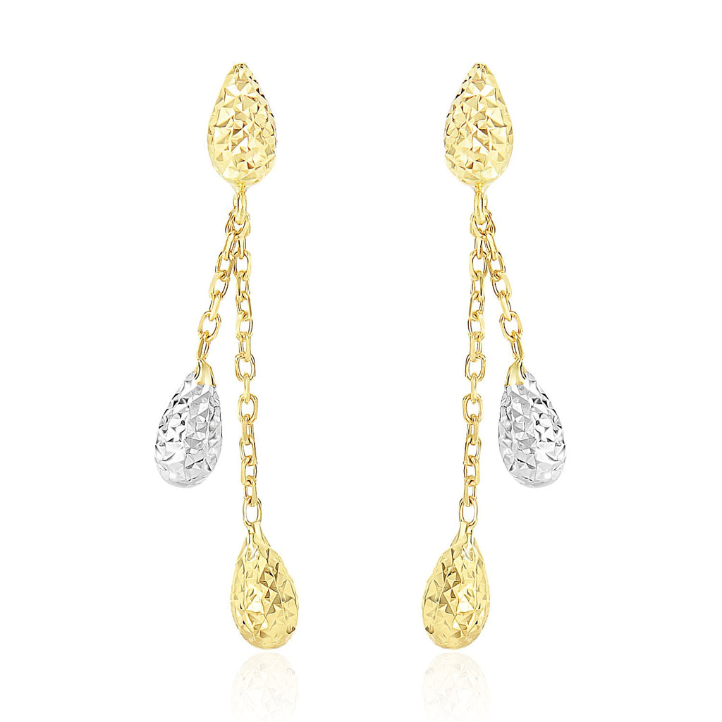 14k Two-Tone Gold Double Row Chain Earrings with Diamond Cut Teardrops