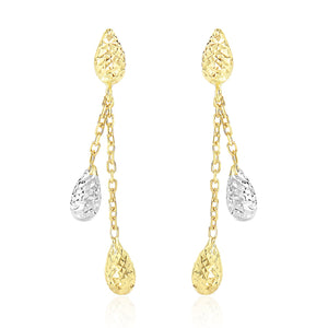 14k Two-Tone Gold Double Row Chain Earrings with Diamond Cut Teardrops