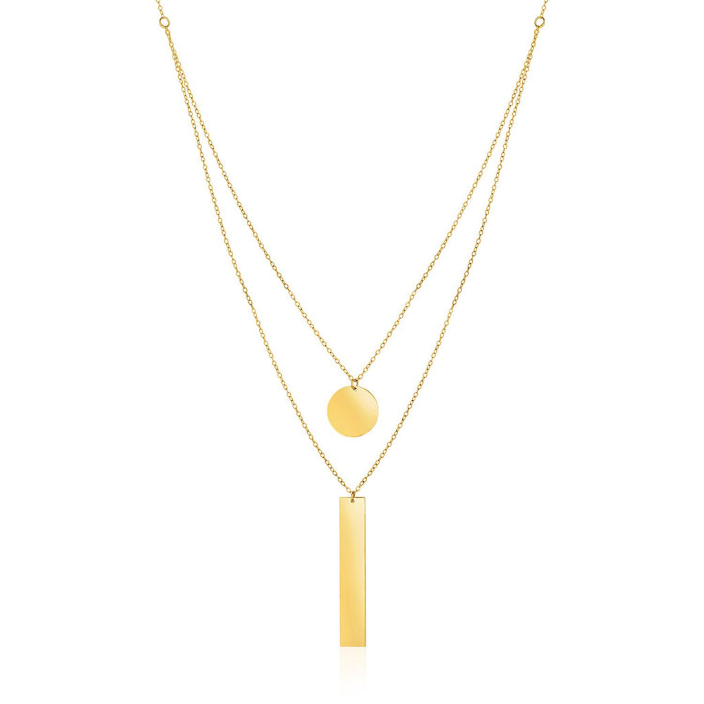 14k Yellow Gold 18 inch Two Strand Necklace with Circle and Bar Pendants