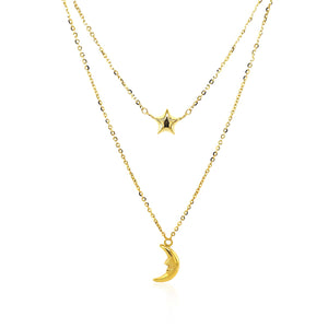 14k Yellow Gold Double-Strand Chain Necklace with Puff Moon and Star