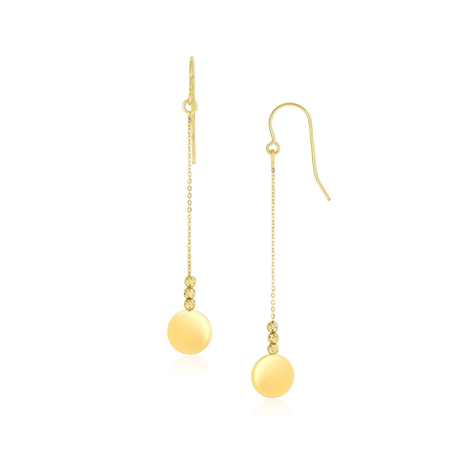 14k Yellow Gold Bead and Shiny Disc Drop Earrings