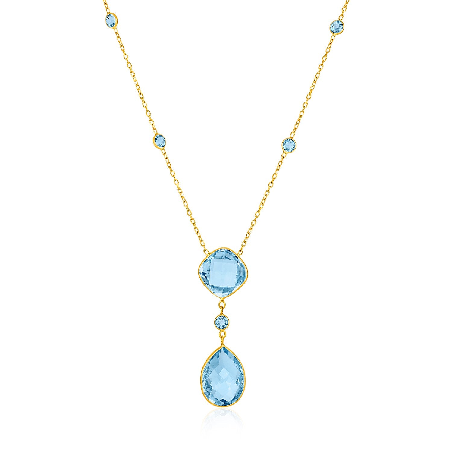 14k Yellow Gold Necklace with Pear-Shaped and Cushion Blue Topaz Briolettes