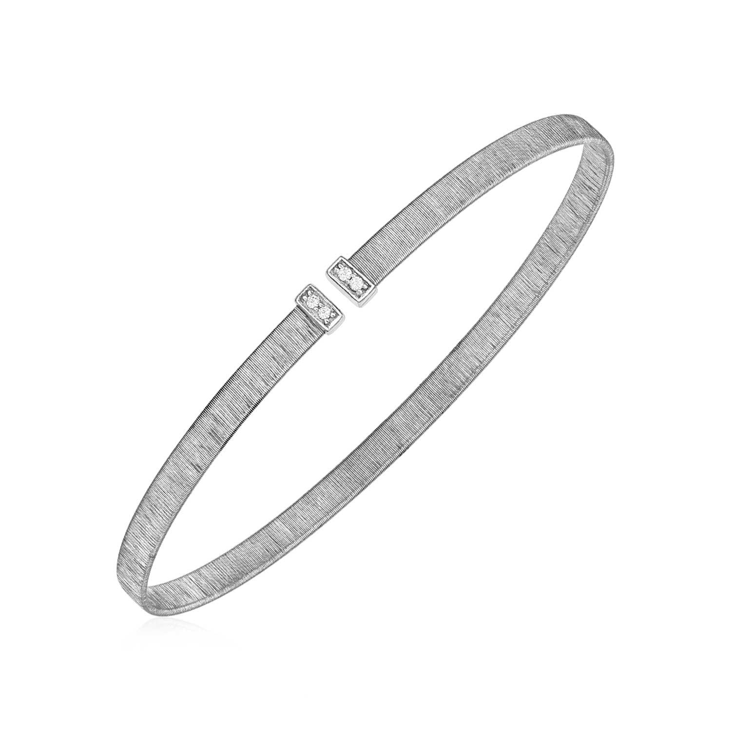 14k White Gold Narrow Silk Textured Cuff Bangle with Diamonds