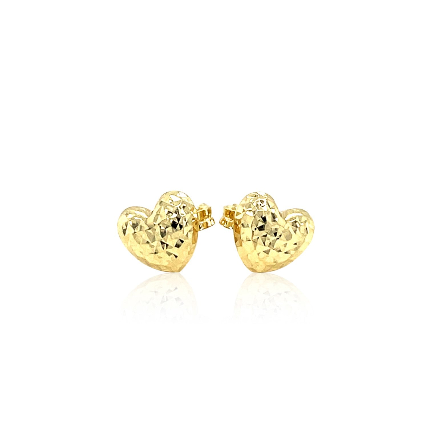 14k Yellow Gold Puffed Heart Earrings with Diamond Cuts