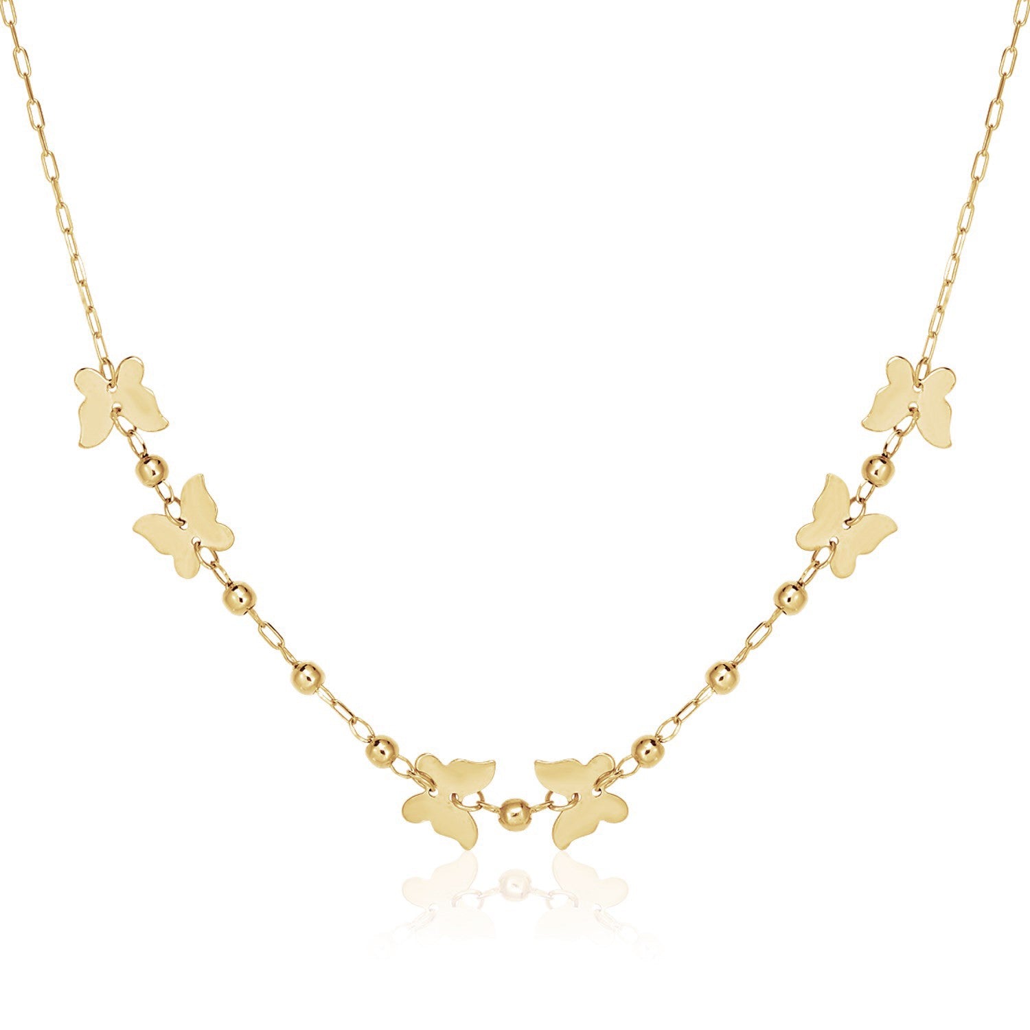 14k Yellow Gold 18 inch Necklace with Polished Butterflies and Beads