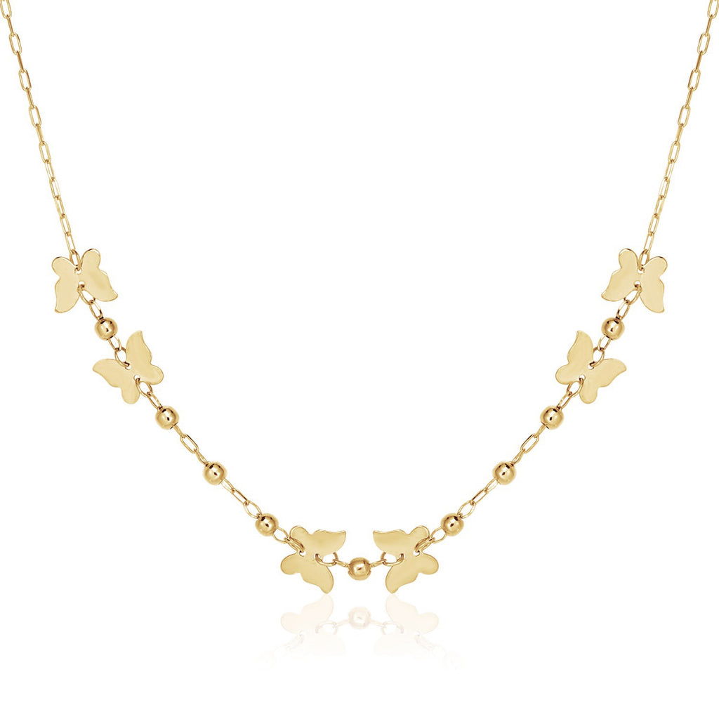 14k Yellow Gold 18 inch Necklace with Polished Butterflies and Beads