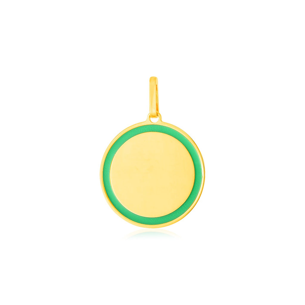 14k Yellow Gold and Green Enamel Circle Pendant