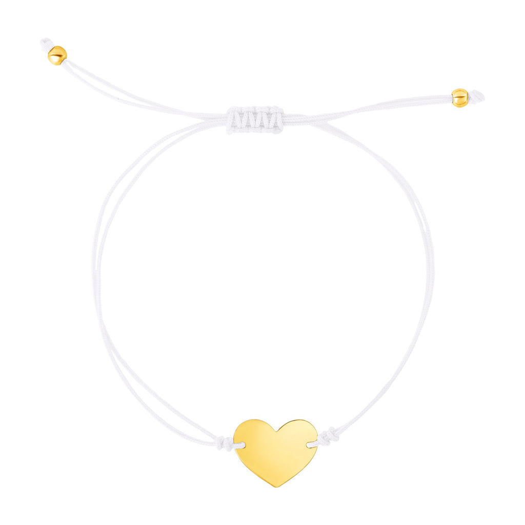 9 1/4 inch White Cord Adjustable Bracelet with 14k yellow Gold Heart