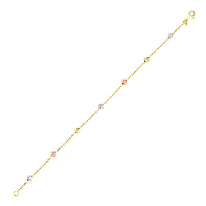 14k Tri-Color Gold Bracelet with Diamond Shape Faceted Style Stations