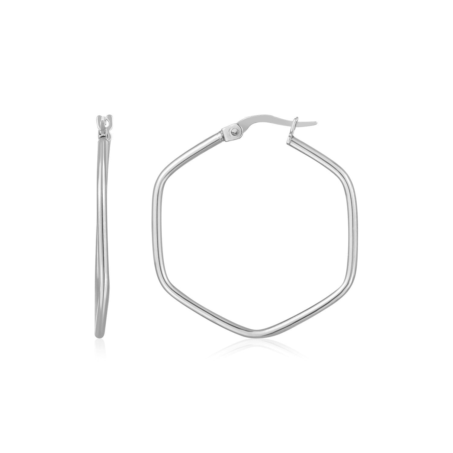 14K White Gold Hexagon Hoop Rounded Edge Earrings-0