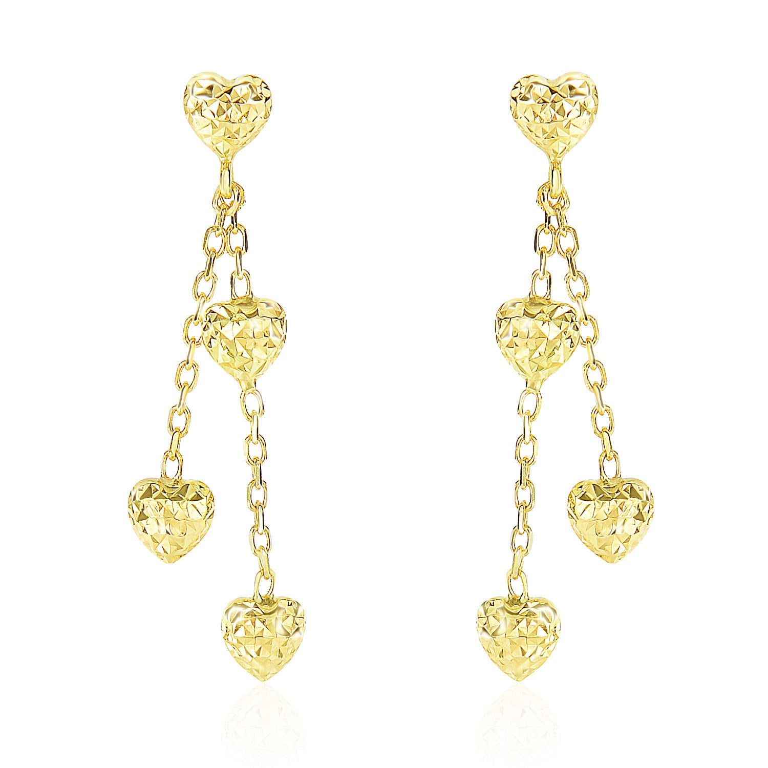 14k Yellow Gold Puffed Heart Diamond Cut Chain Dangling Earrings