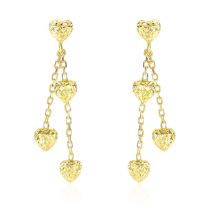 14k Yellow Gold Puffed Heart Diamond Cut Chain Dangling Earrings