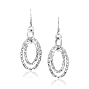 Sterling Silver Textured Dual Open Oval Style Dangling Earrings