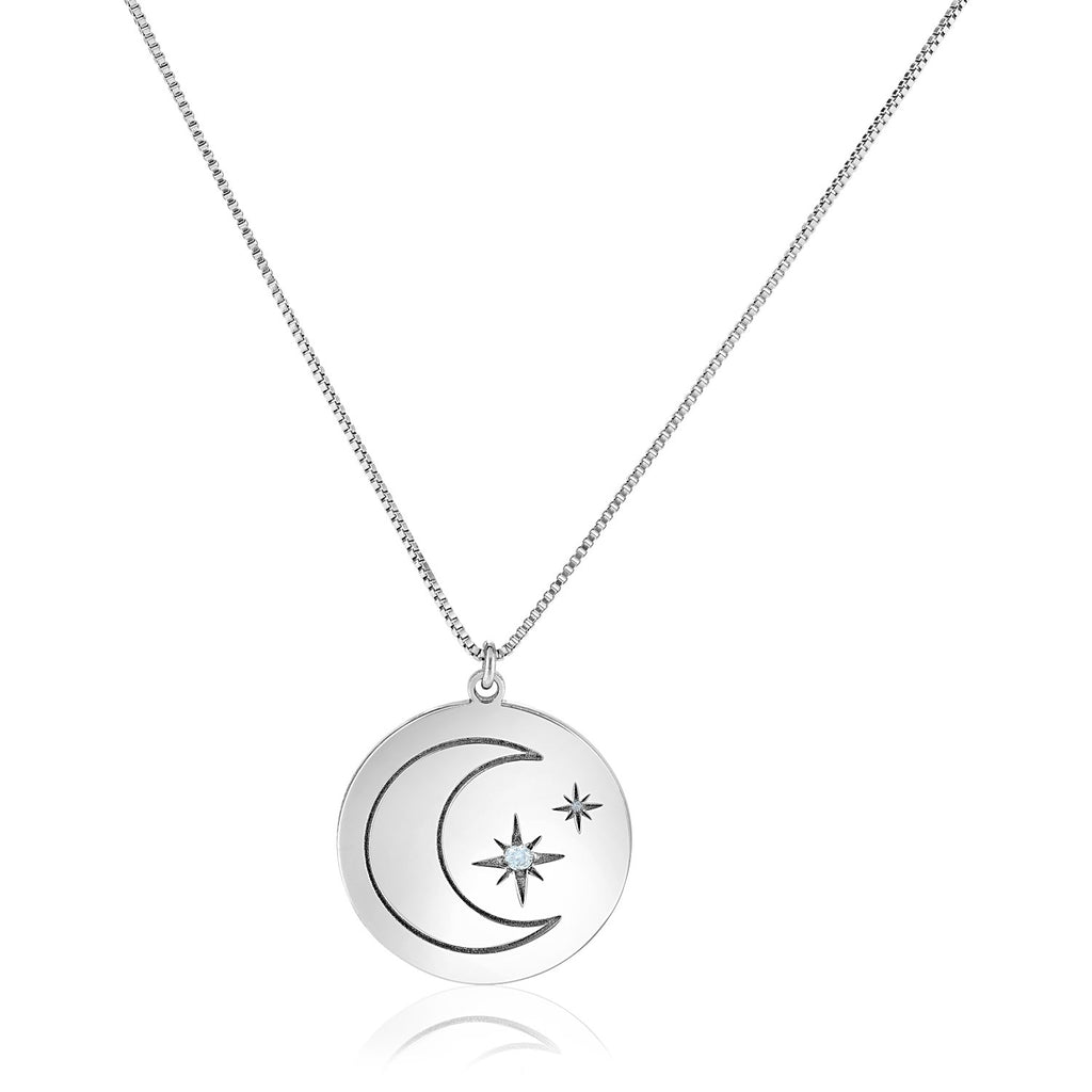 Sterling Silver 18 inch Necklace with Engraved Moon and Stars and Diamonds