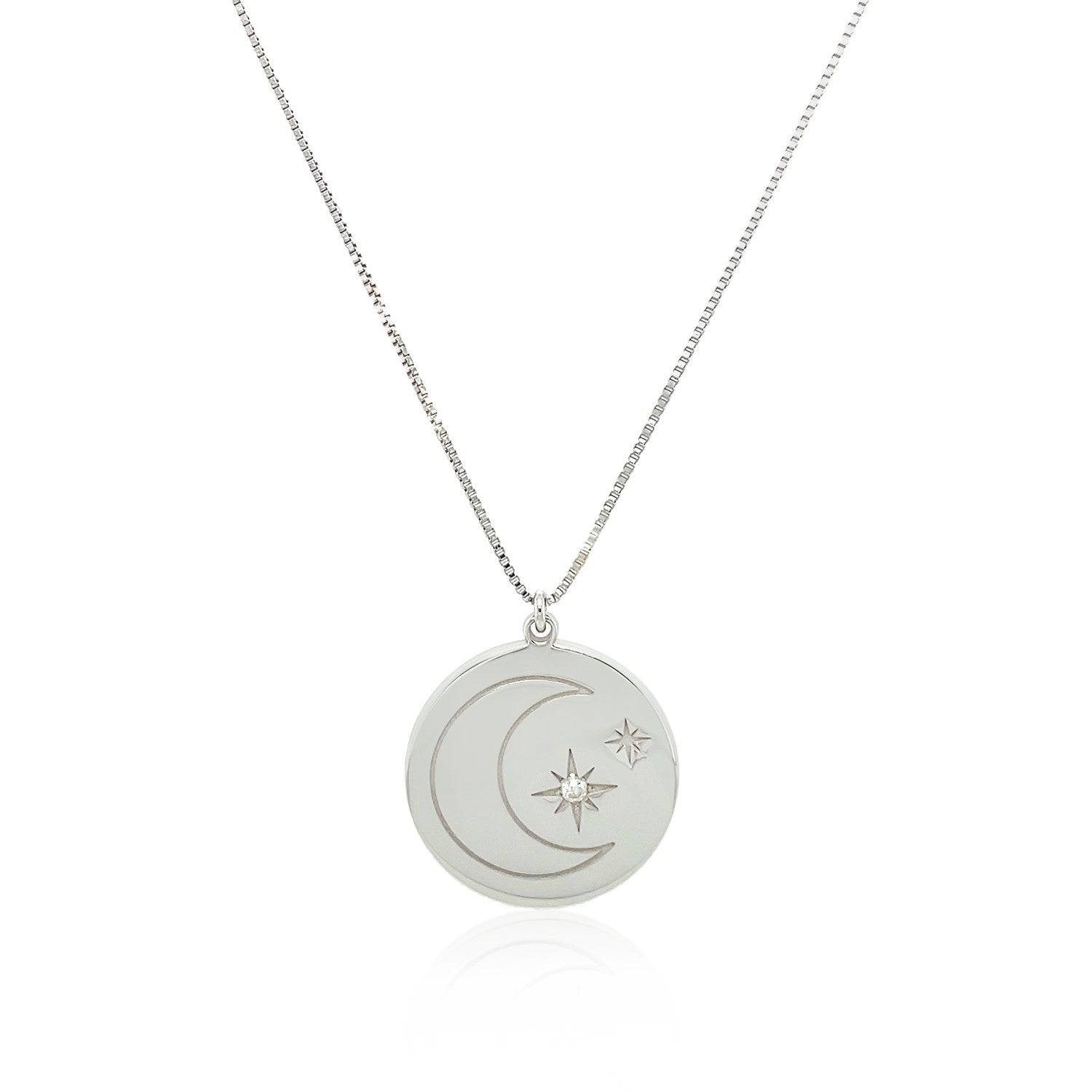 Sterling Silver 18 inch Necklace with Engraved Moon and Stars and Diamonds