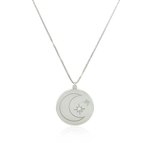 Sterling Silver 18 inch Necklace with Engraved Moon and Stars and Diamonds