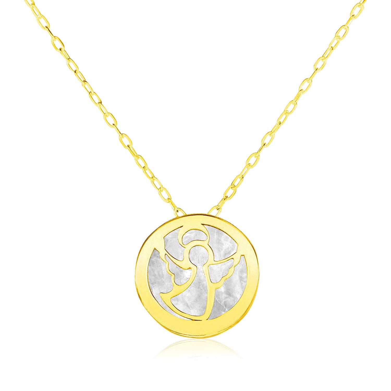 14k Yellow Gold Necklace with Angel Symbol in Mother of Pearl