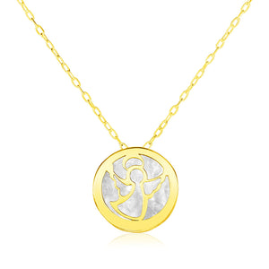 14k Yellow Gold Necklace with Angel Symbol in Mother of Pearl