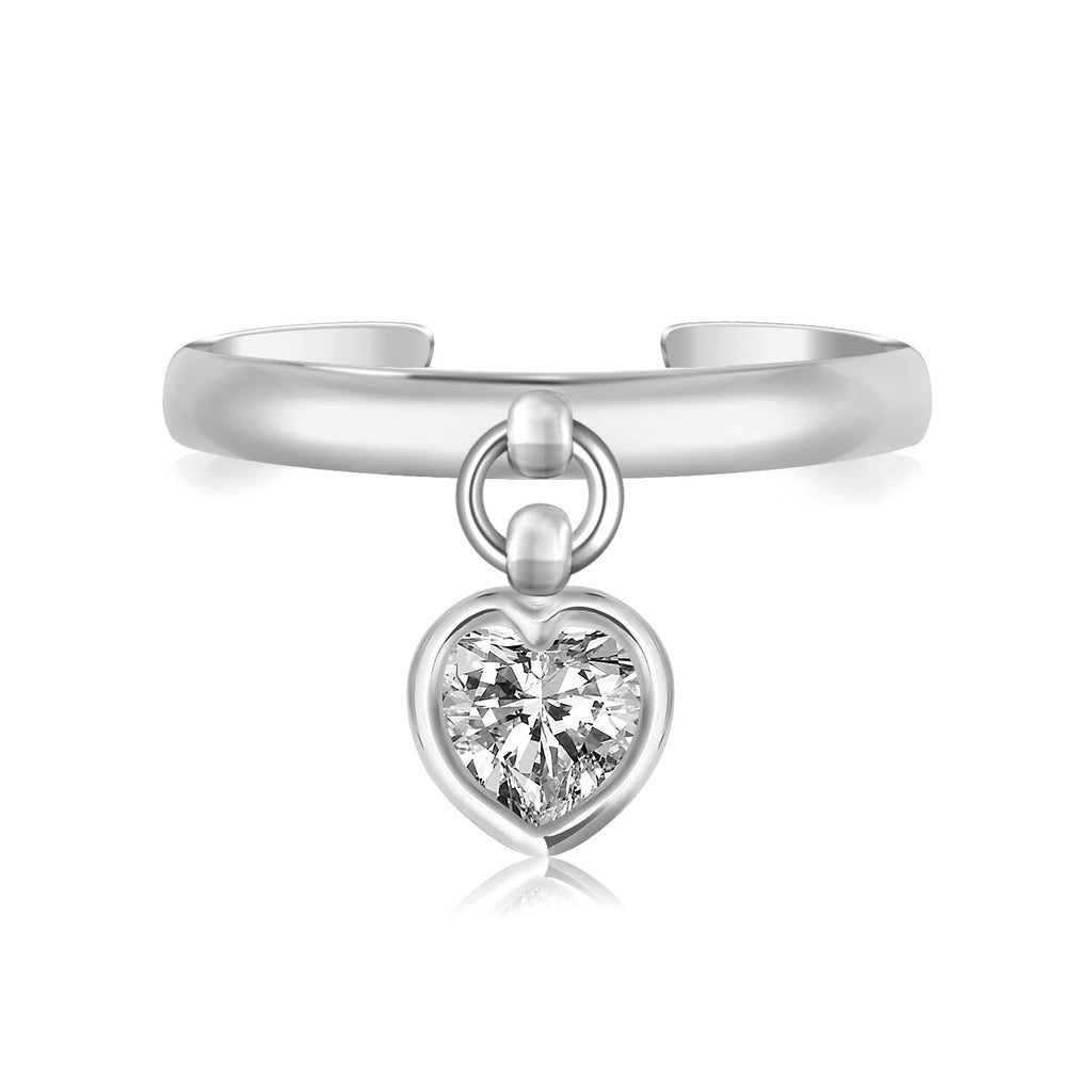 Sterling Silver Rhodium Finished Heart Cubic Zirconia Charm Toe Ring