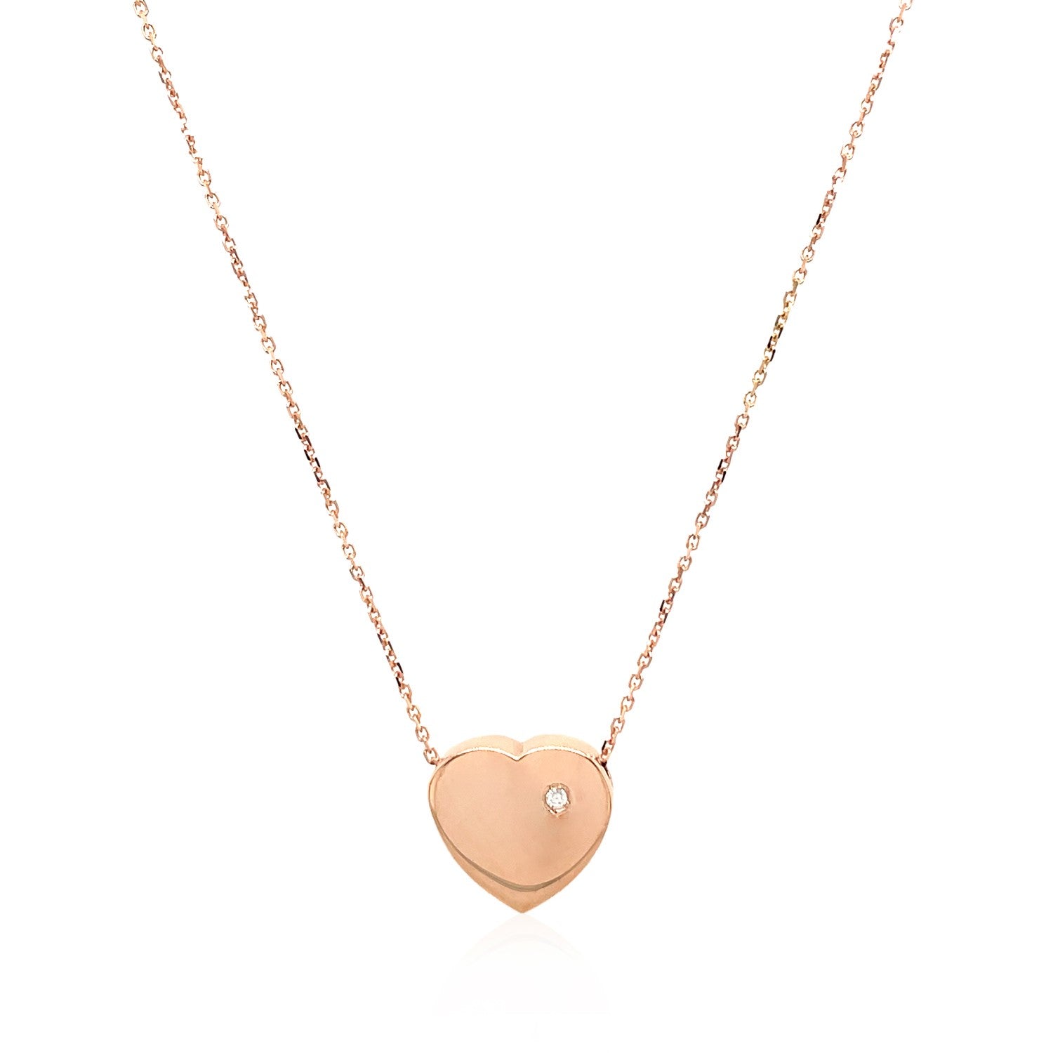 14k Rose Gold Necklace with a Diamond Embellished Flat Heart Design