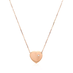 14k Rose Gold Necklace with a Diamond Embellished Flat Heart Design