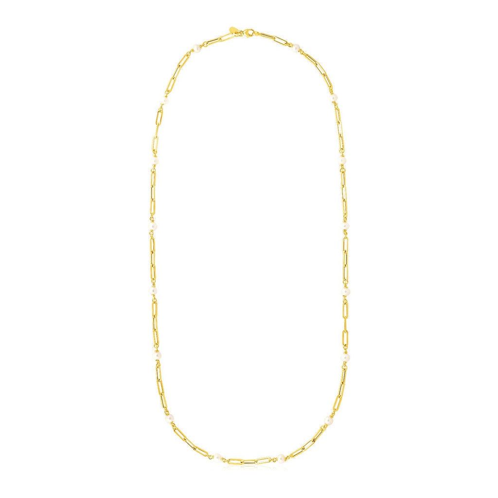 14k Yellow Gold Paperclip Chain and Pearl Necklace