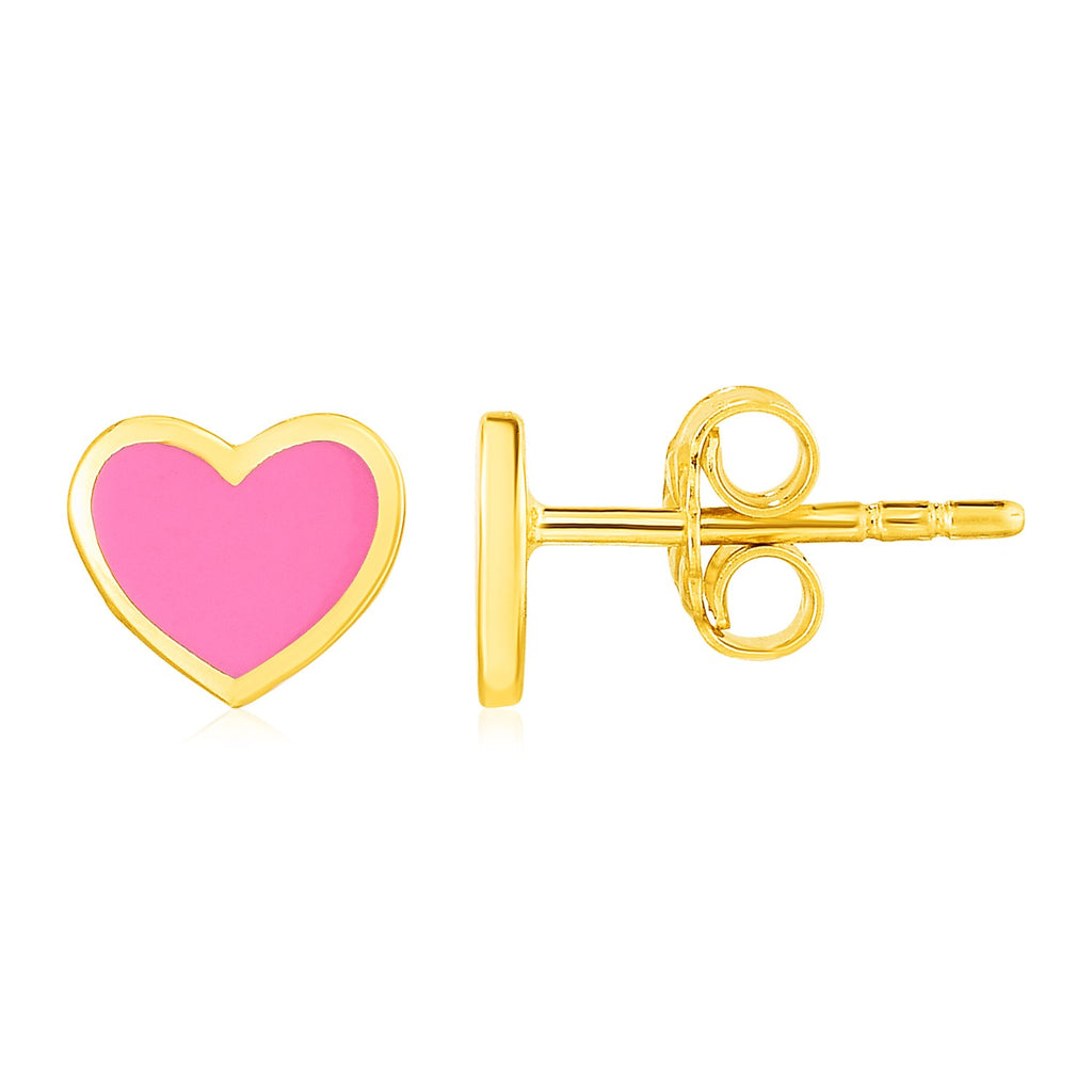 14k Yellow Gold and Enamel Pink Heart Stud Earrings