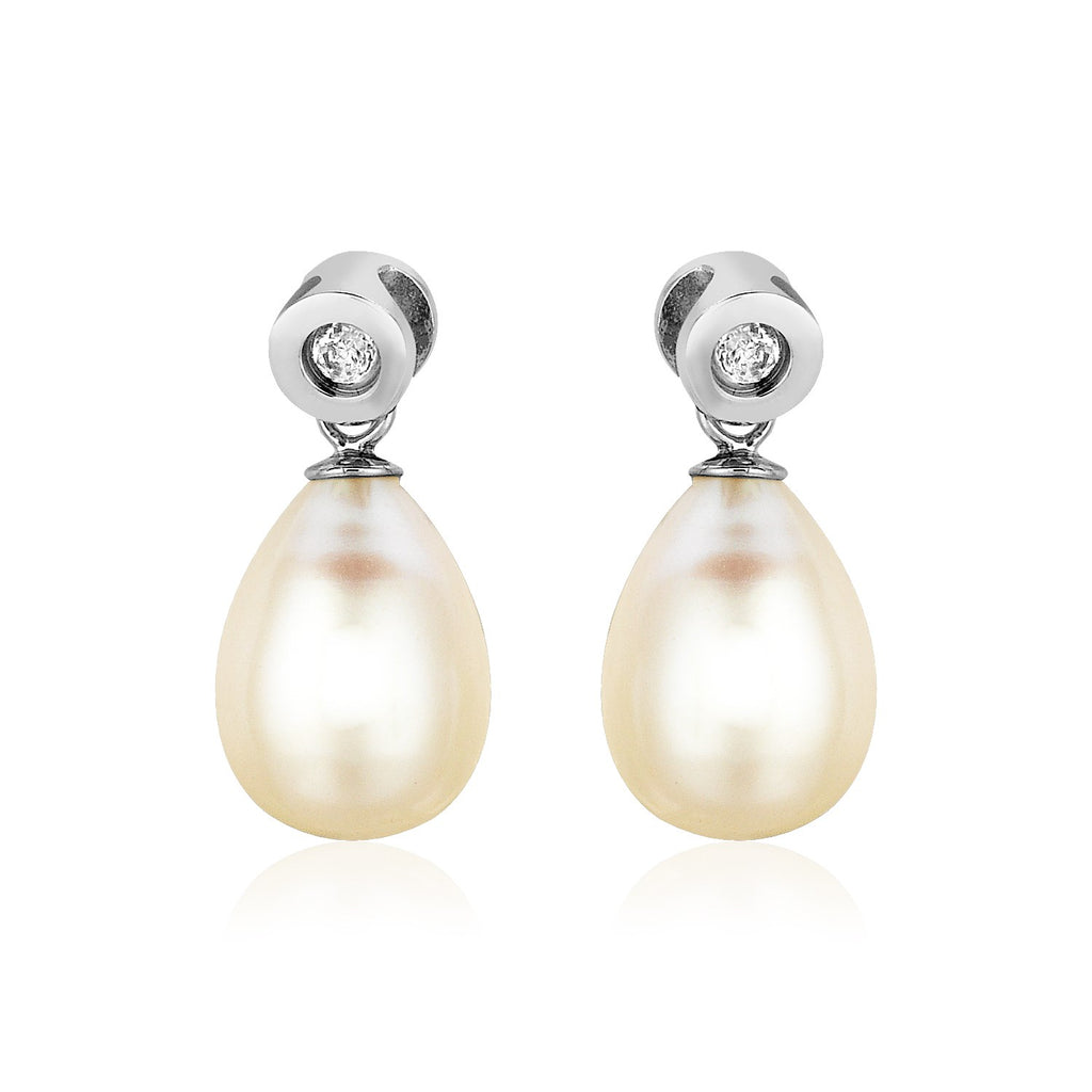 Sterling Silver Earrings with Pear Shaped Freshwater Pearls and Cubic Zirconias