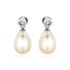 Sterling Silver Earrings with Pear Shaped Freshwater Pearls and Cubic Zirconias