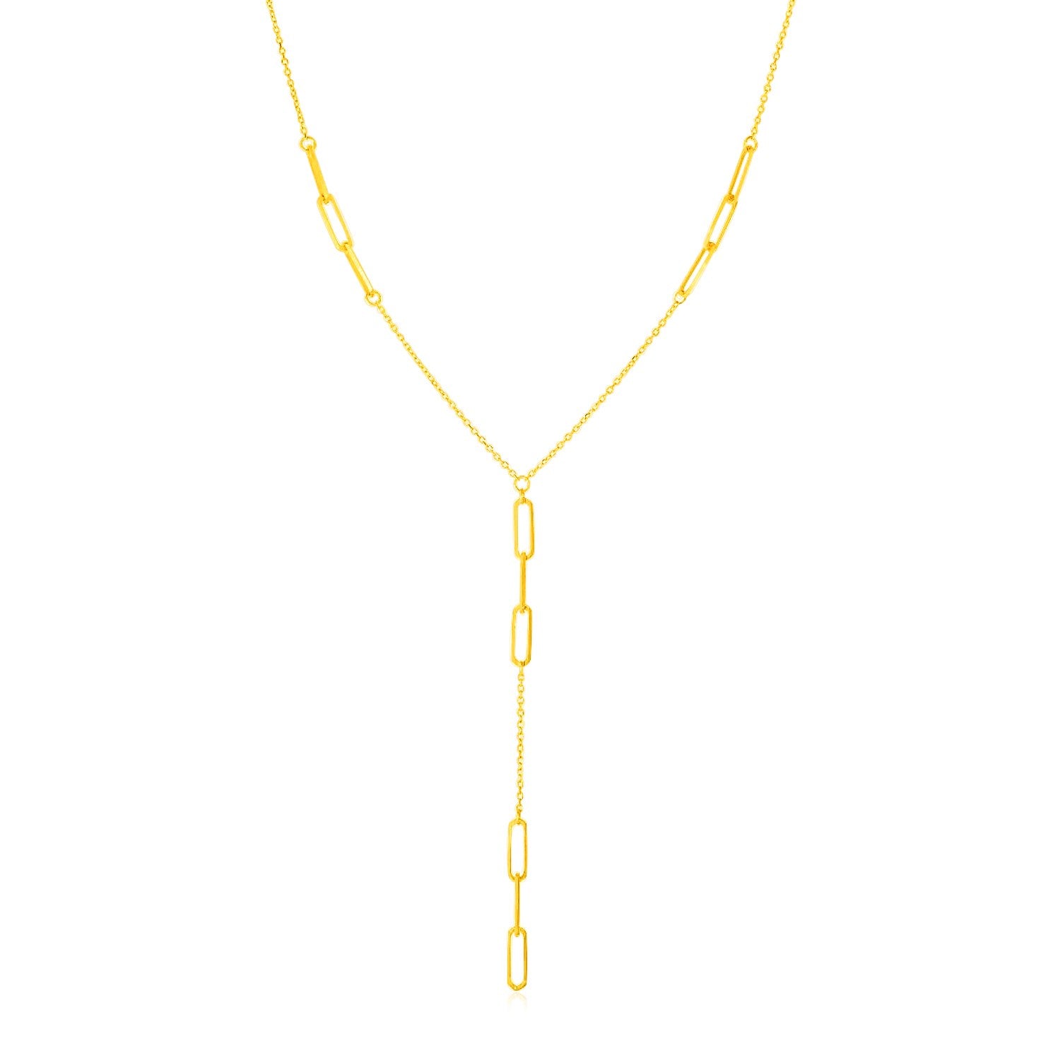 14K Yellow Gold Lariat Necklace with Paperclip Chain Stations