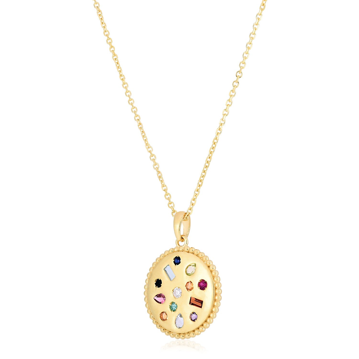 14k Yellow Gold High Polish Gemstones Disc Necklace