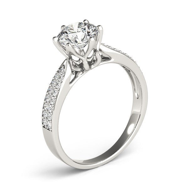 Six Prong 14k White Gold Diamond Engagement Ring with Pave Band (1 5/8 cttw)