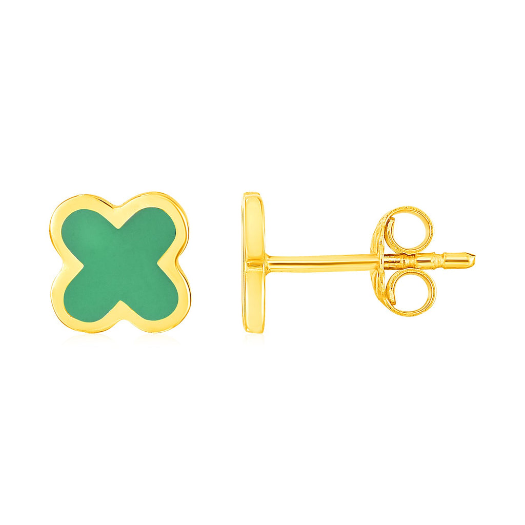 14k Yellow Gold and Enamel Green Clover Stud Earrings