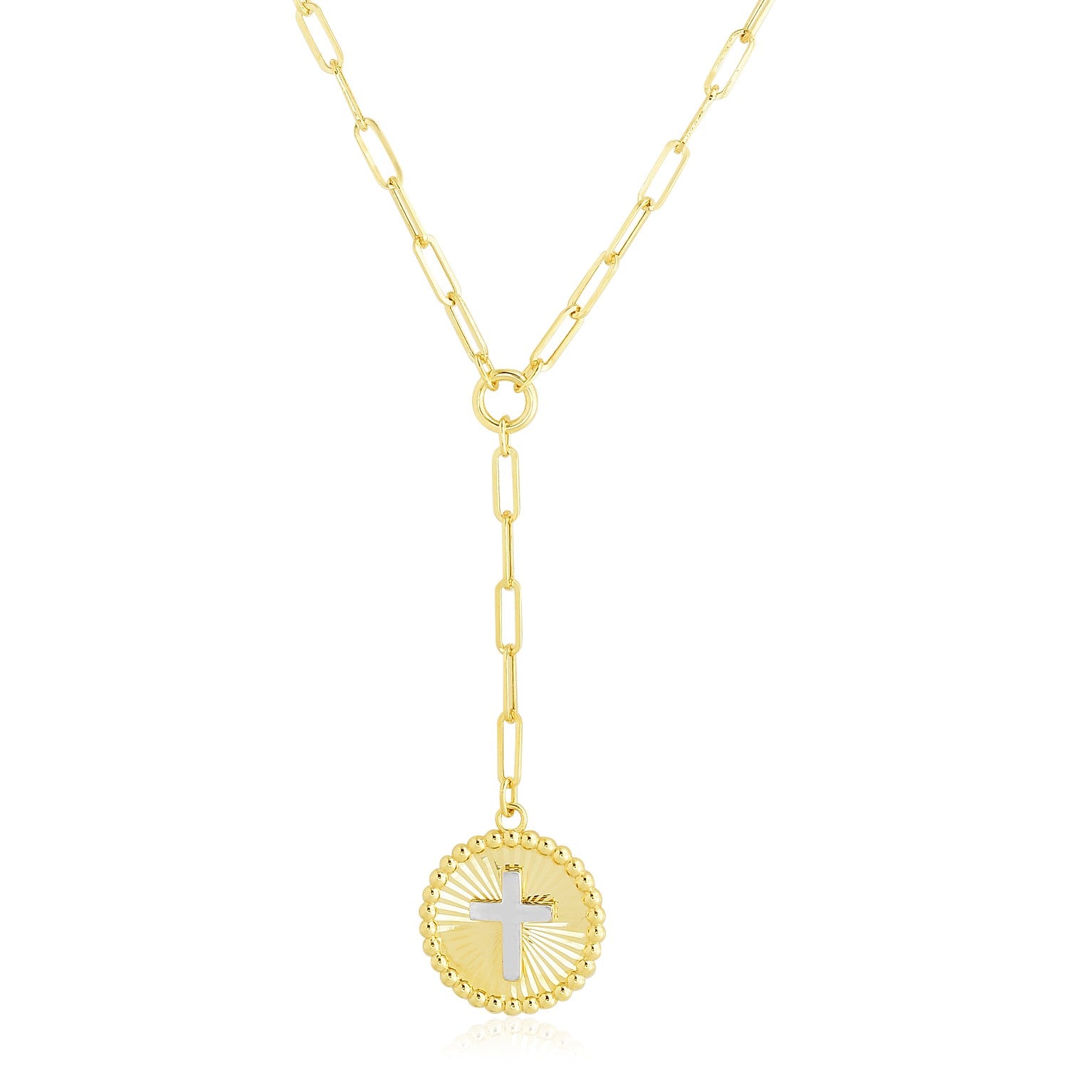 14k Yellow Gold High Polish Cross Medallion Two Tone Lariat Necklace