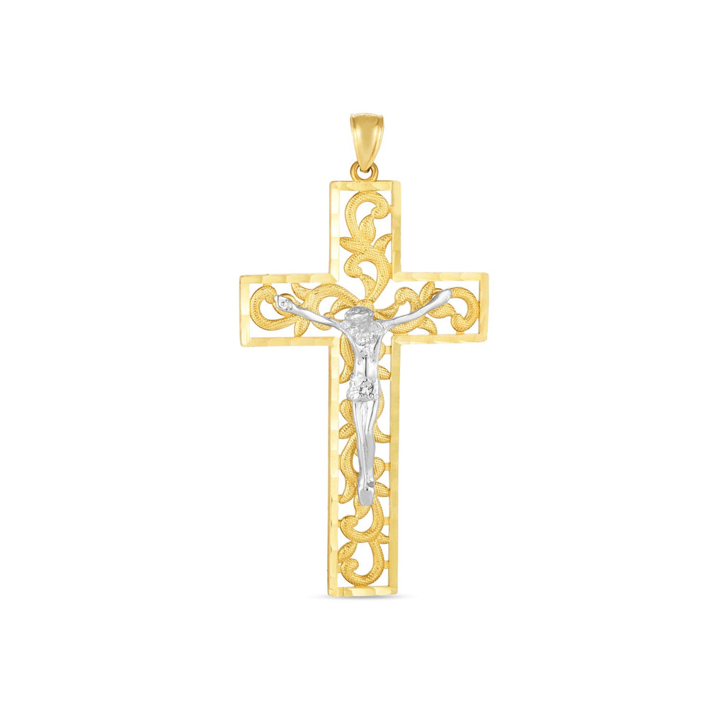 14k Two Tone Gold High Polish Diamond Cut Cross Pendant