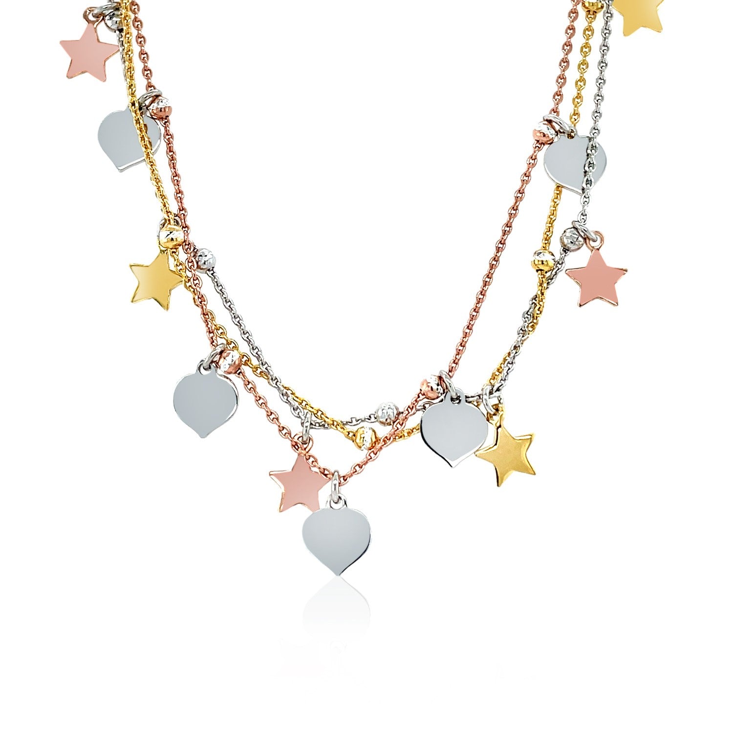 Sterling Silver 18 inch Three Toned Necklace with Polished Hearts and Stars