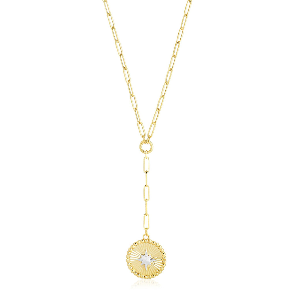 14k Yellow Gold High Polish Star Medallion Two Tone Lariat Necklace