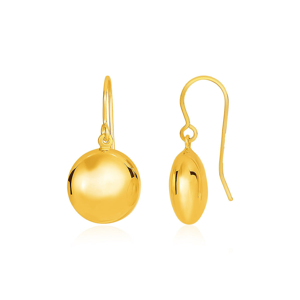 14k Yellow Gold Puffed Circle Shape Drop Earrings