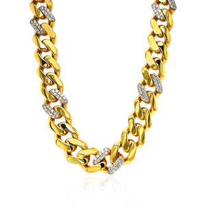 14k Yellow Gold 18 inch Polished Curb Chain Necklace with Diamonds