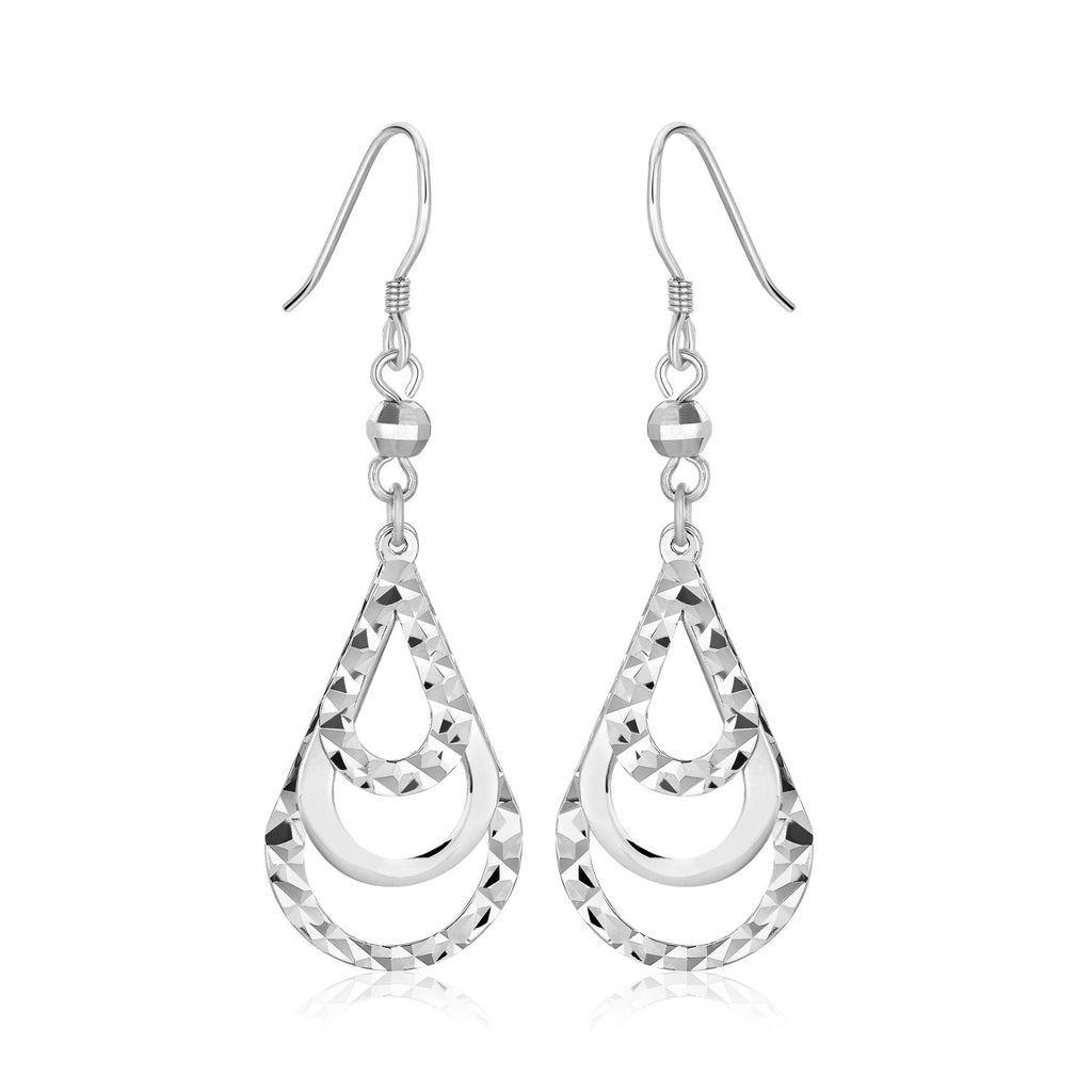 Sterling Silver Textured Graduated Open Teardrop Dangling Style Earrings