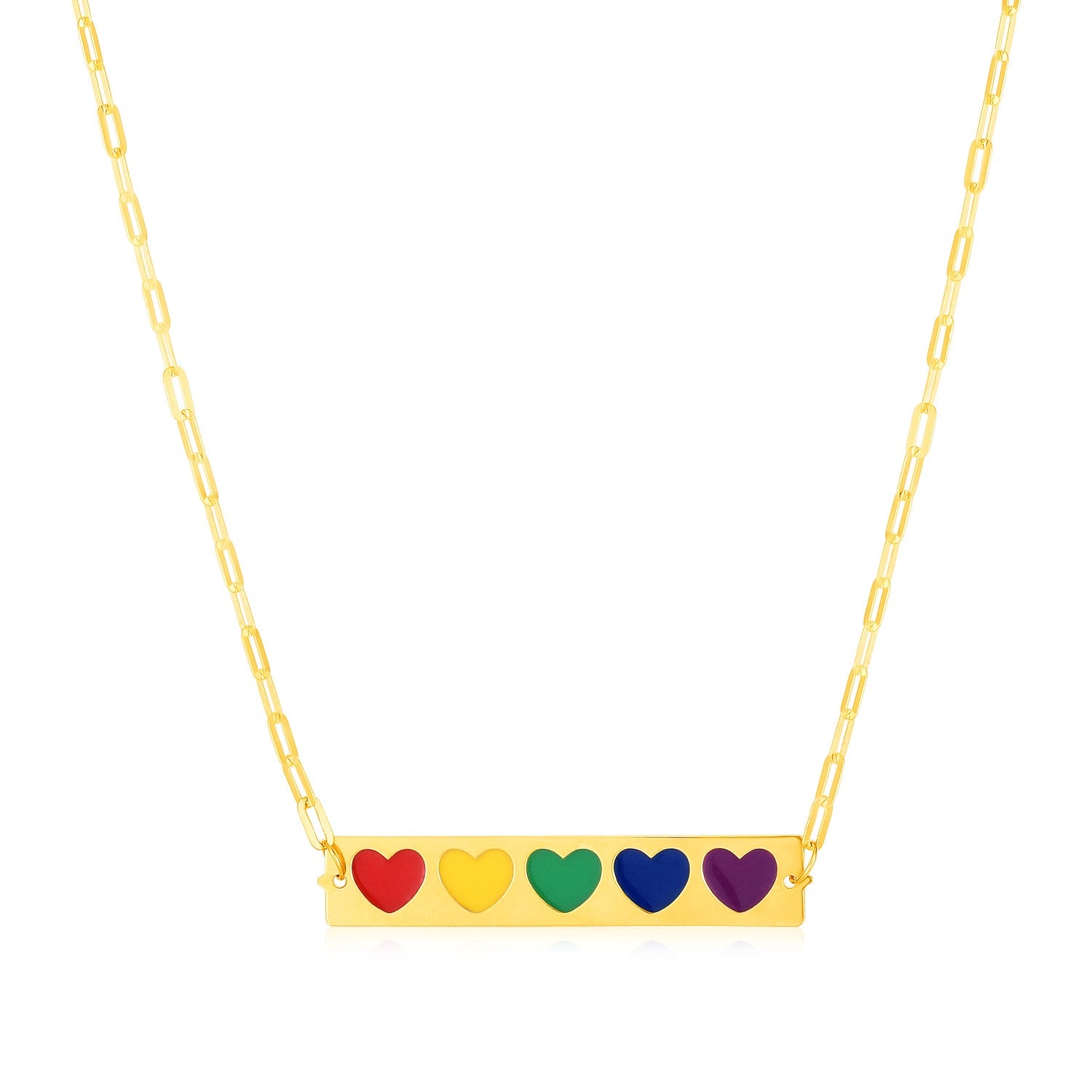 14k Yellow Gold Bar Necklace with Rainbow Enamel Hearts