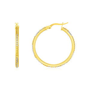 14k Two Tone Gold Round Hoop Earrings with Bead Texture