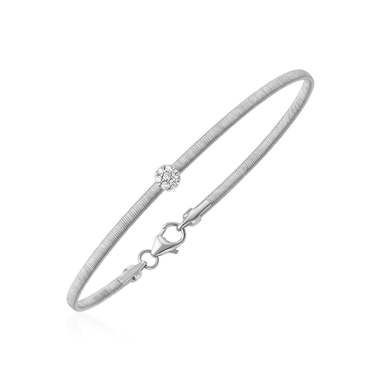 14k White Gold Bangle with Brushed Texture and Diamonds