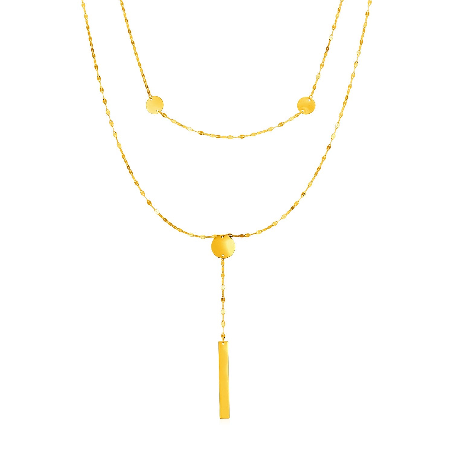 14k Yellow Gold Two Strand Necklace with Polished Circles and Bar Drop