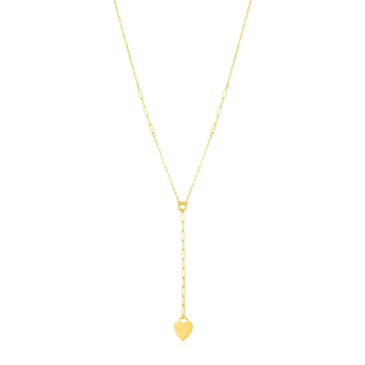 14k Yellow Gold Paperclip Chain Lariat Necklace with Heart