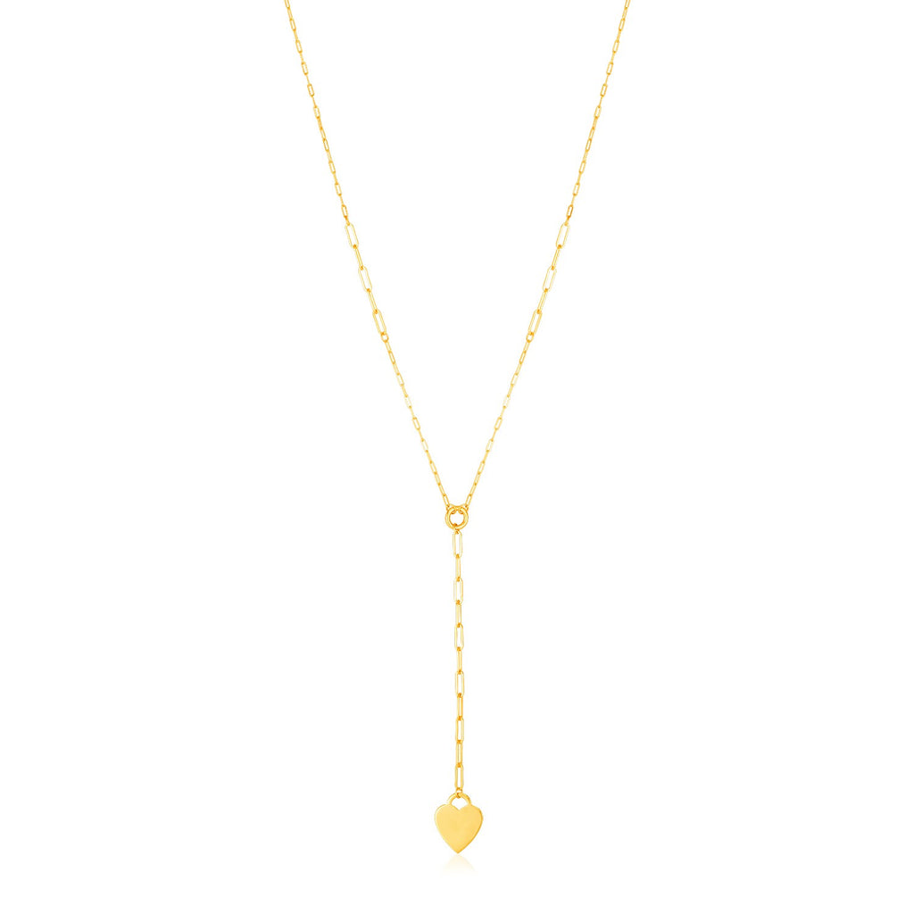 14k Yellow Gold Paperclip Chain Lariat Necklace with Heart