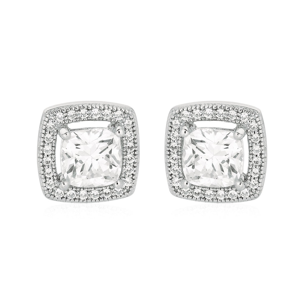 Cushion Earrings with Cubic Zirconia in Sterling Silver