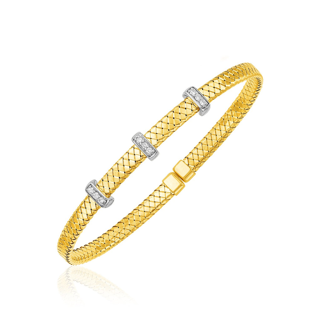 14k Two Tone Gold Narrow Basket Weave Bangle with Diamonds