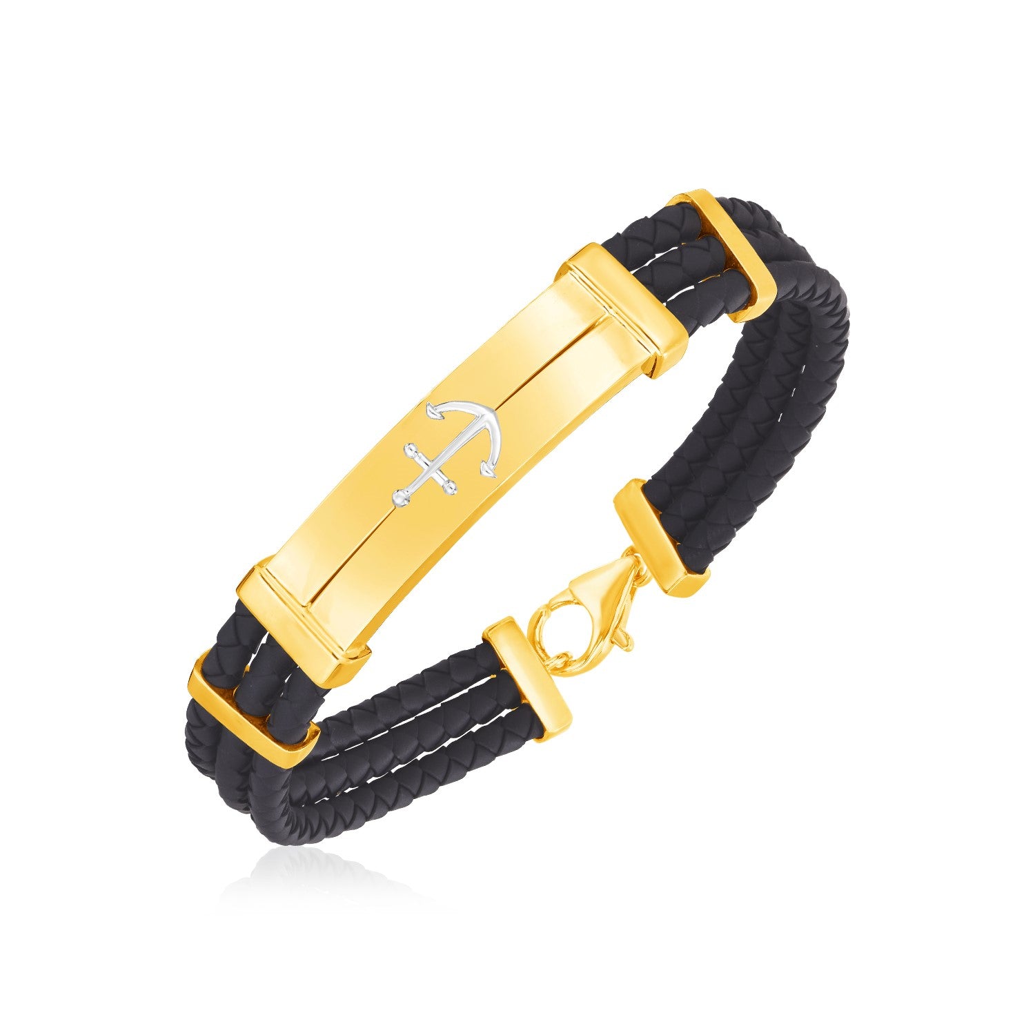 14k Yellow Gold and Rubber Mens Bracelet with Bars and Anchor Motif