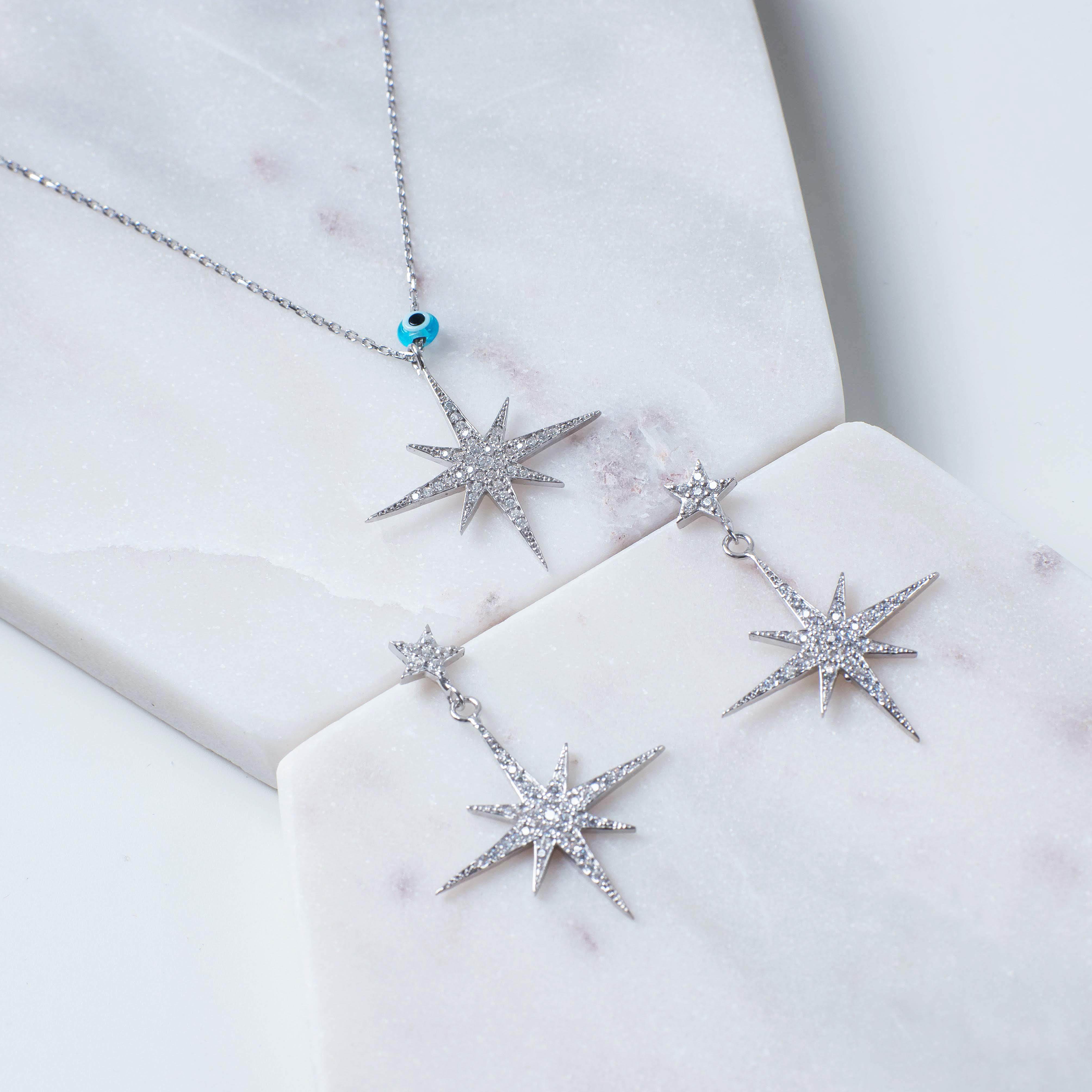 Petite Star burst Drop Earrings Silver